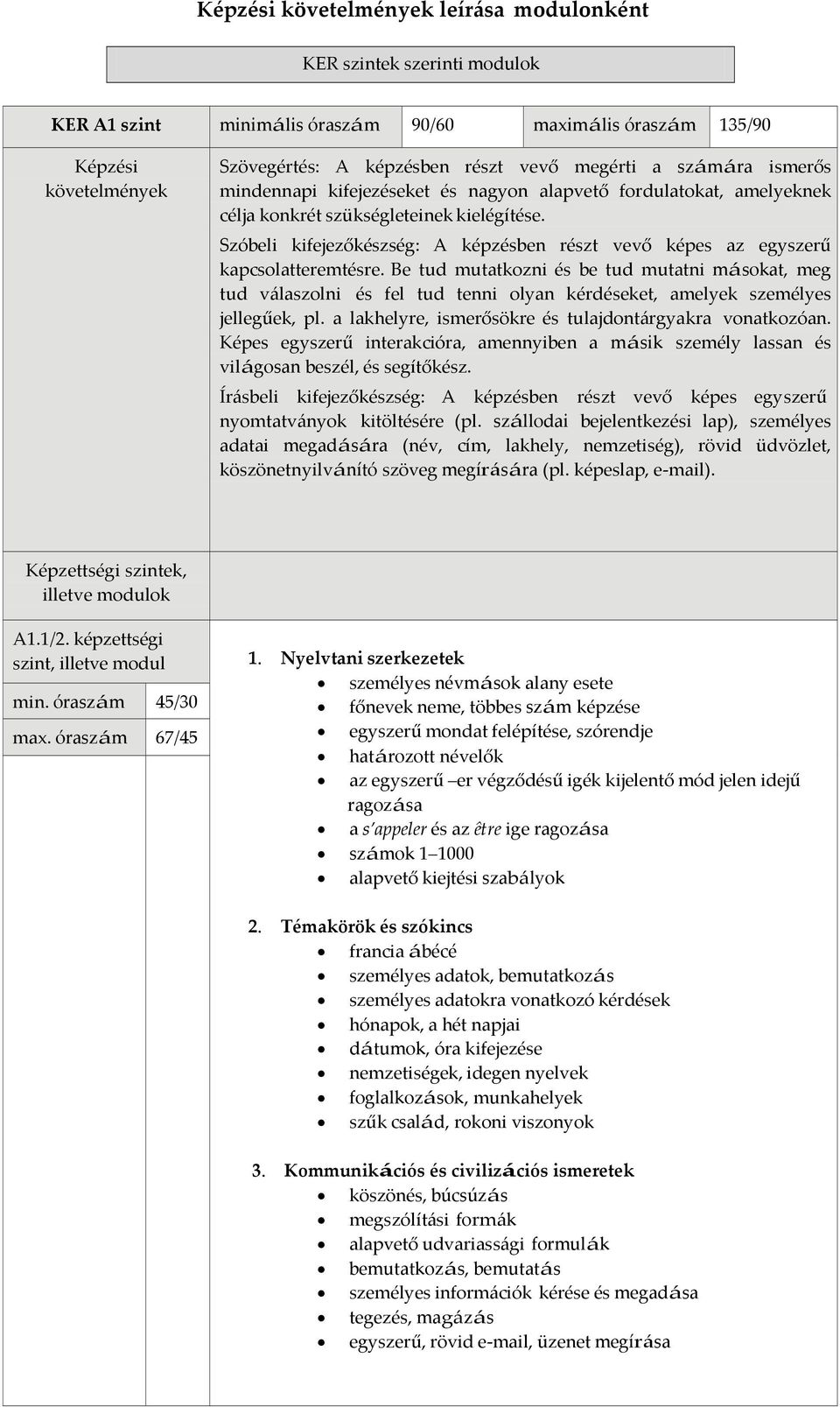 Szóbeli kifejezőkészség: A képzésben részt vevő képes az egyszerű kapcsolatteremtésre.