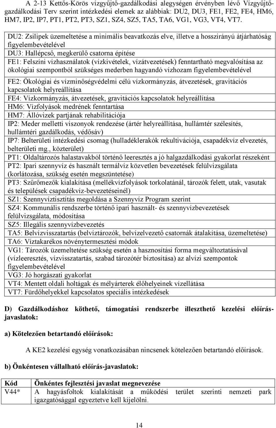 DU2: Zsilipek üzemeltetése a minimális beavatkozás elve, illetve a hosszirányú átjárhatóság figyelembevételével DU3: Hallépcső, megkerülő csatorna építése FE1: Felszíni vízhasználatok (vízkivételek,