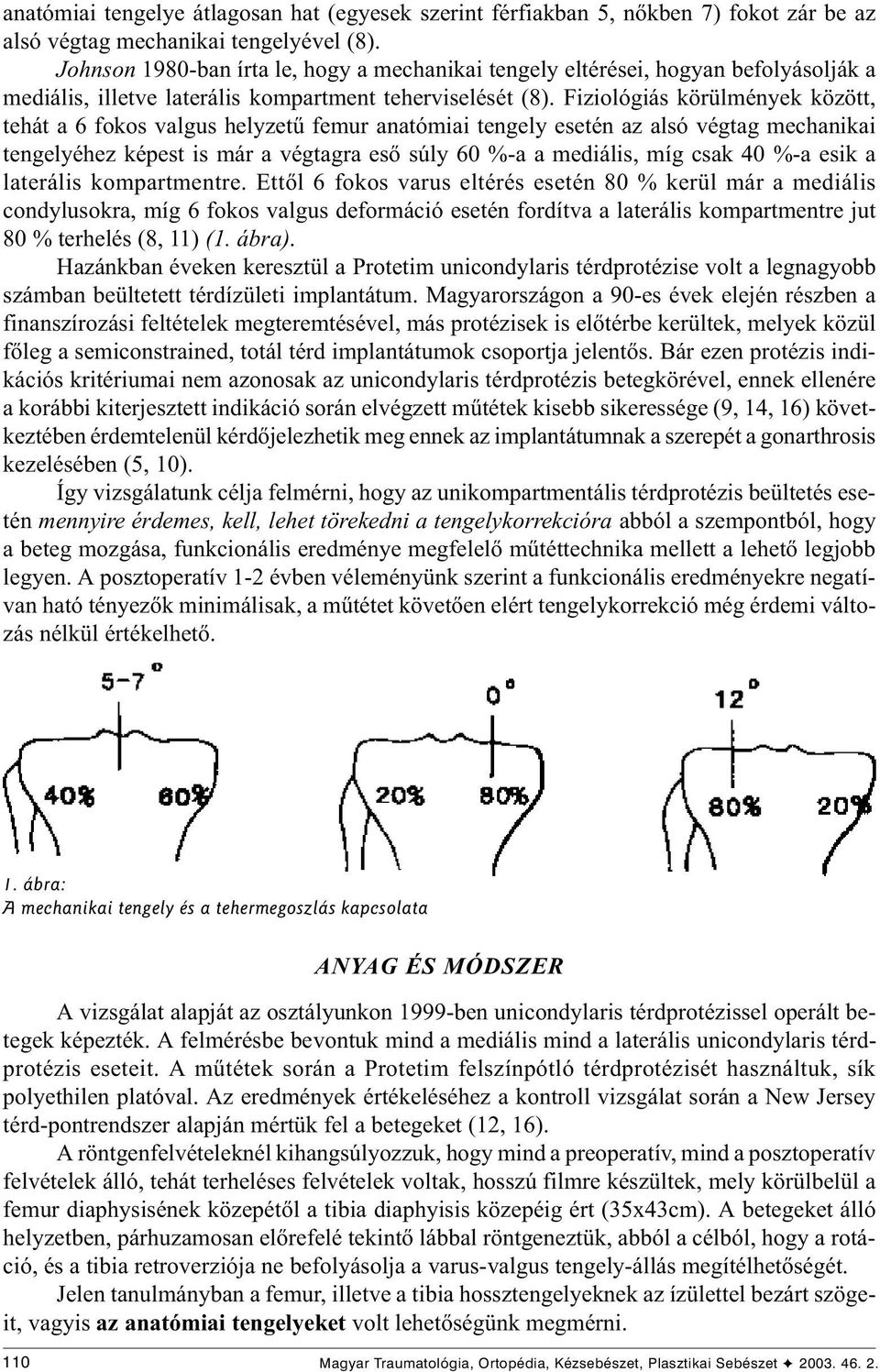 iziológiás körülmények között, tehát a 6 fokos valgus helyzetû femur anatómiai tengely esetén az alsó végtag mechanikai tengelyéhez képest is már a végtagra esõ súly 60 %-a a mediális, míg csak 40