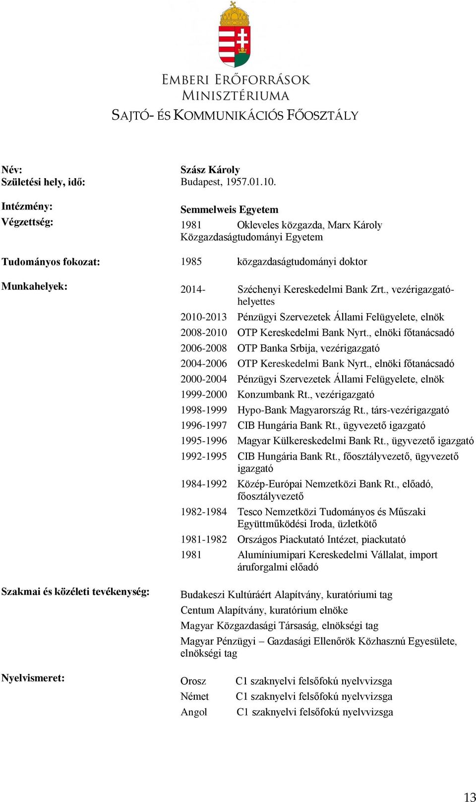 Zrt., vezérigazgatóhelyettes 2010-2013 Pénzügyi Szervezetek Állami Felügyelete, elnök 2008-2010 OTP Kereskedelmi Bank Nyrt.