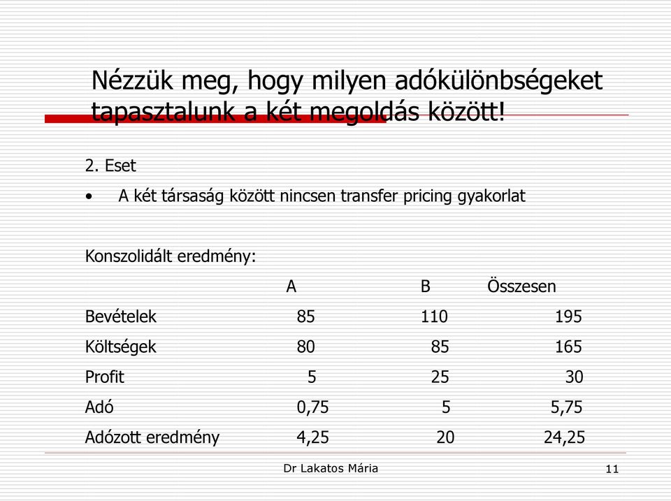 Eset A két társaság között nincsen transfer pricing gyakorlat Konszolidált