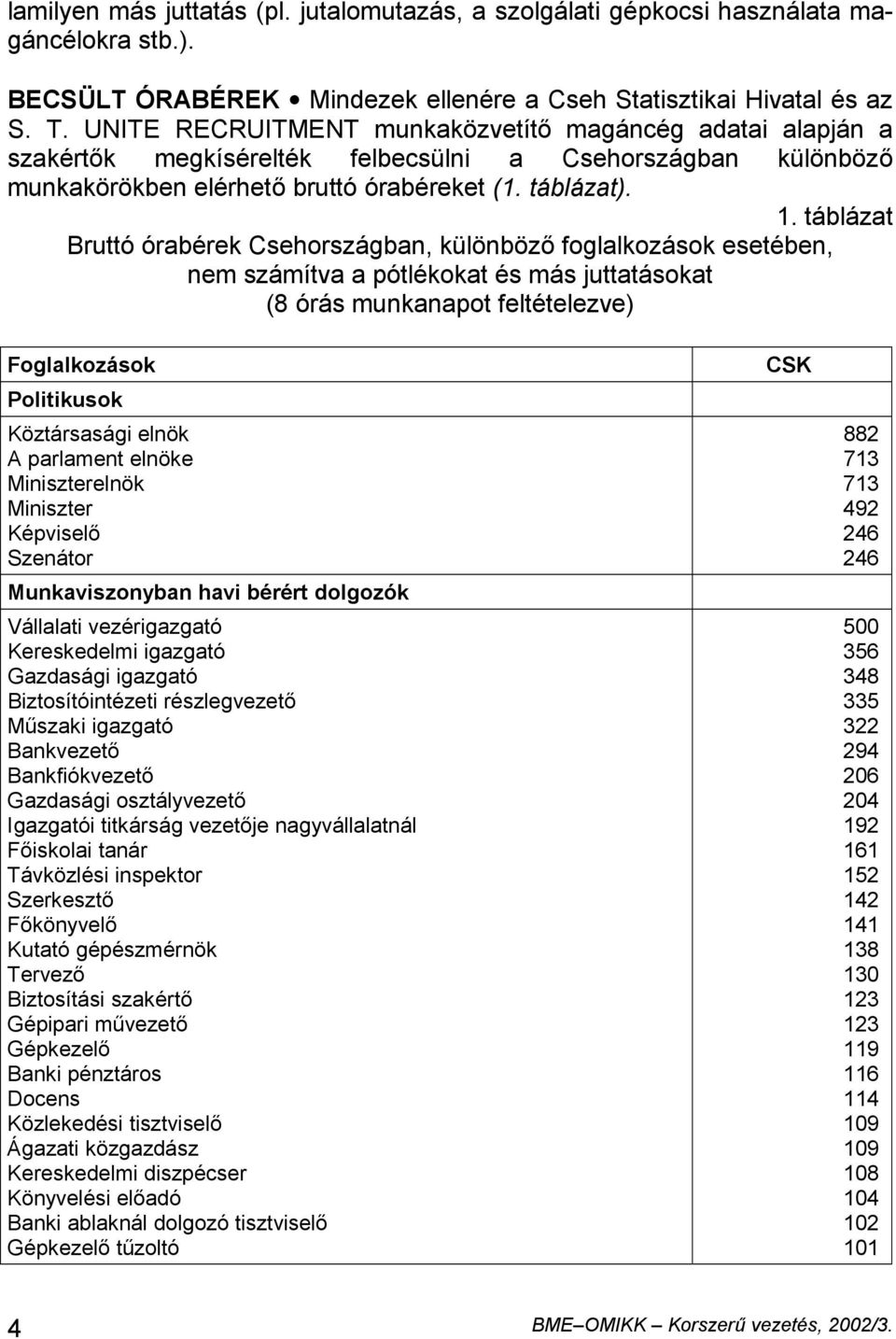 táblázat Bruttó órabérek Csehországban, különböző foglalkozások esetében, nem számítva a pótlékokat és más juttatásokat (8 órás munkanapot feltételezve) Foglalkozások Politikusok Köztársasági elnök A