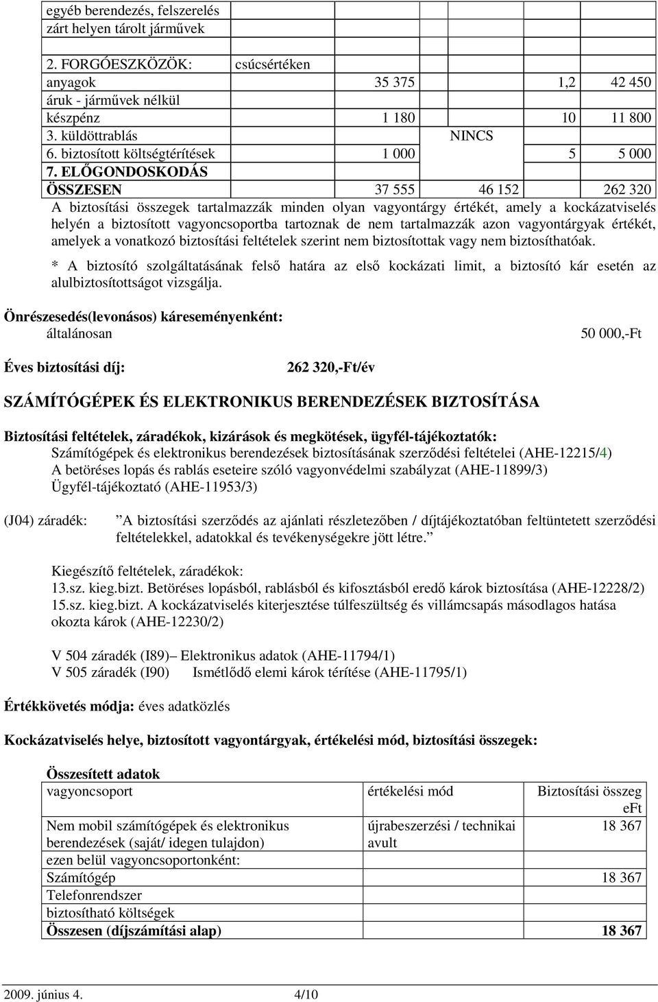 ELİGONDOSKODÁS ÖSSZESEN 37 555 46 152 262 320 A biztosítási összegek tartalmazzák minden olyan vagyontárgy értékét, amely a kockázatviselés helyén a biztosított vagyoncsoportba tartoznak de nem