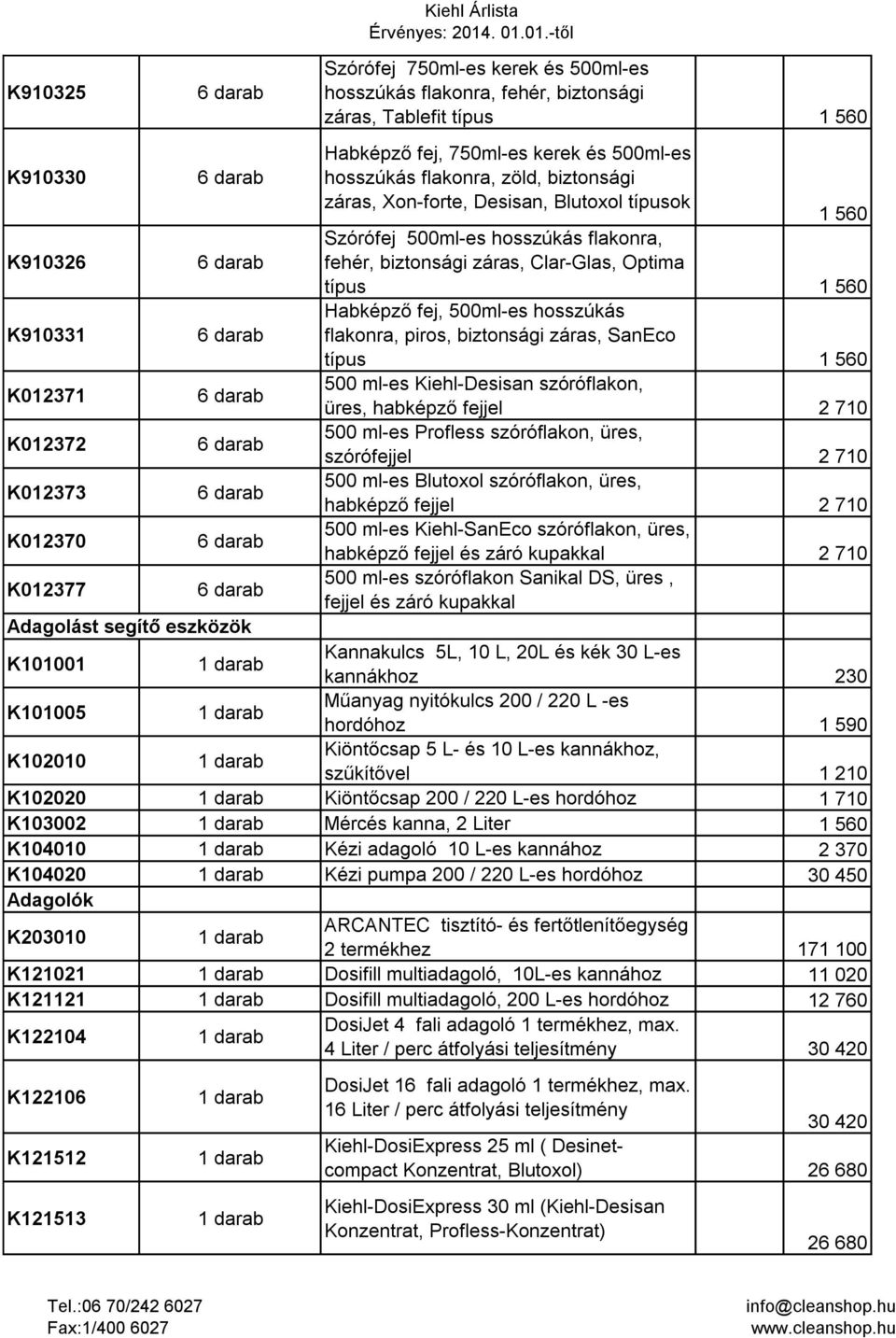 hosszúkás flakonra, piros, biztonsági záras, SanEco típus 1 560 K012371 500 ml-es Kiehl-Desisan szóróflakon, üres, habképző fejjel 2 710 K012372 500 ml-es Profless szóróflakon, üres, szórófejjel 2