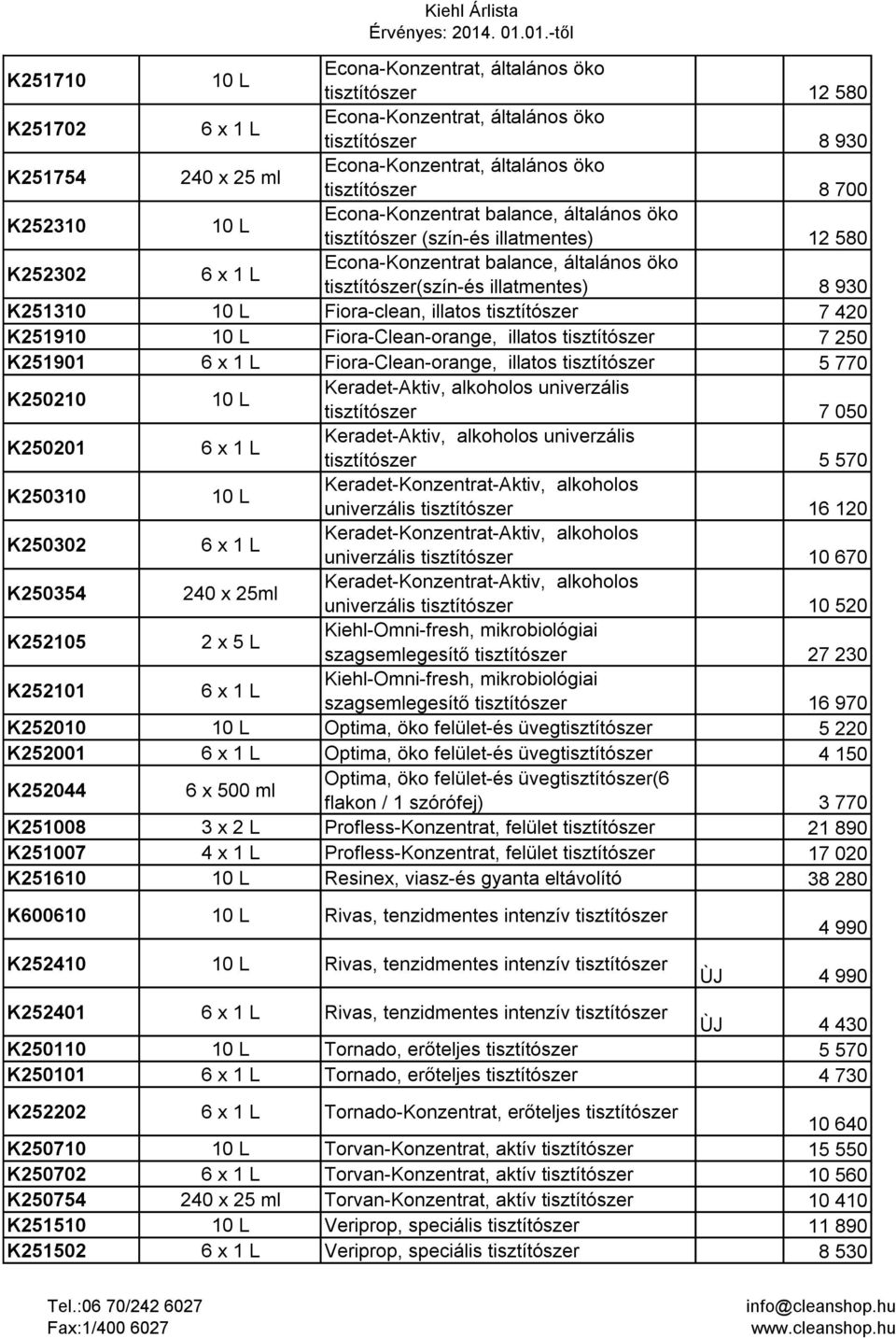 tisztítószer 7 420 K251910 Fiora-Clean-orange, illatos tisztítószer 7 250 K251901 Fiora-Clean-orange, illatos tisztítószer 5 770 K250210 Keradet-Aktiv, alkoholos univerzális tisztítószer 7 050