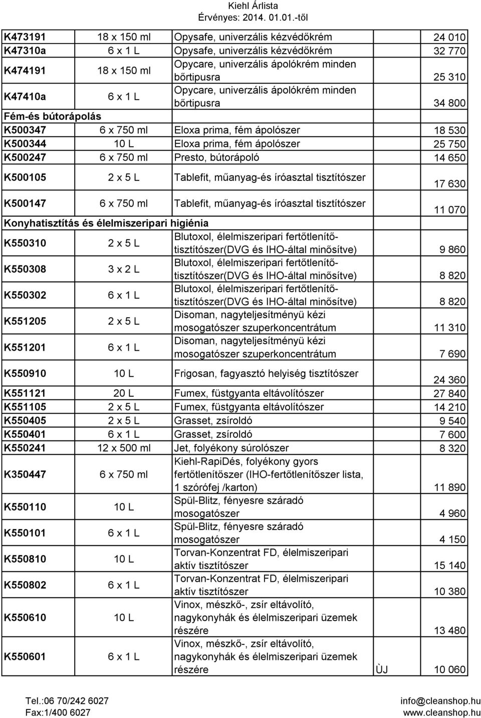 bútorápoló 14 650 K500105 Tablefit, műanyag-és íróasztal tisztítószer 17 630 K500147 6 x 750 ml Tablefit, műanyag-és íróasztal tisztítószer 11 070 Konyhatisztítás és élelmiszeripari higiénia K550310