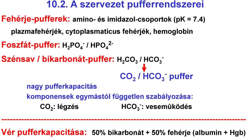 bikarbonátpuffer: H 2 CO 3 / HCO 3 nagy pufferkapacitás CO 2 / HCO 3 puffer komponensek egymástól