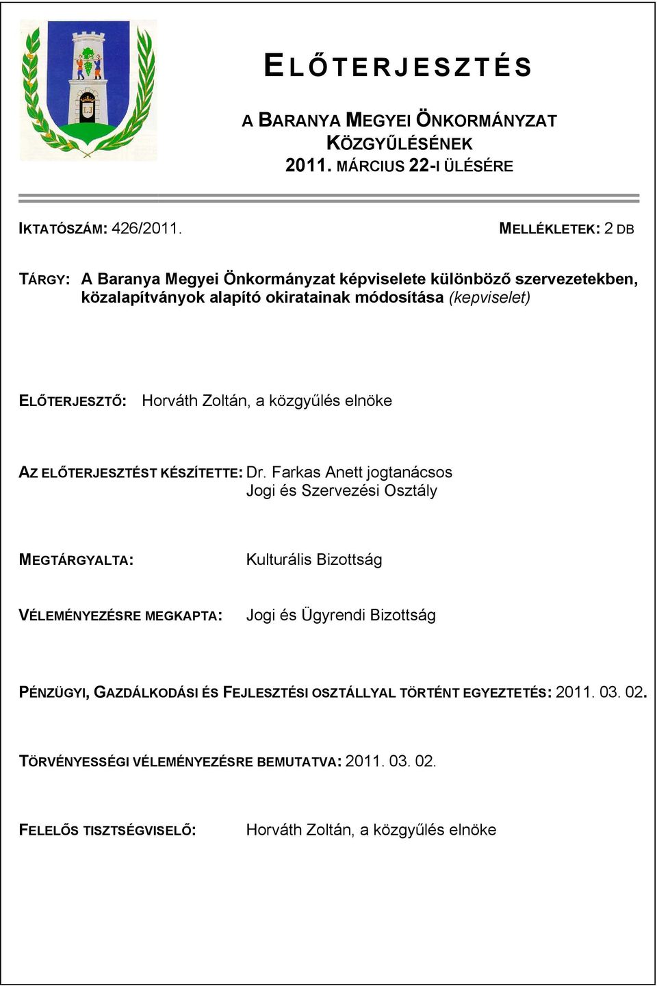 ELŐTERJESZTŐ: Horváth Zoltán, AZ ELŐTERJESZTÉST KÉSZÍTETTE: Dr.