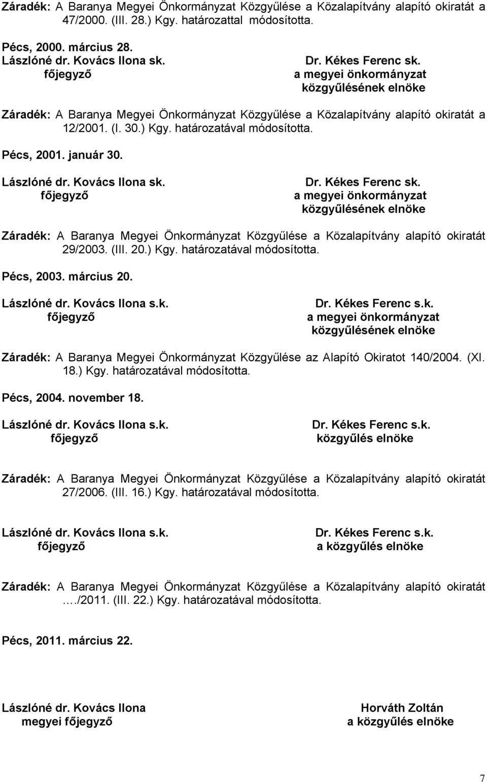 határozatával módosította. Pécs, 2001. január 30. Lászlóné dr. Kovács Ilona sk. főjegyző Dr. Kékes Ferenc sk.