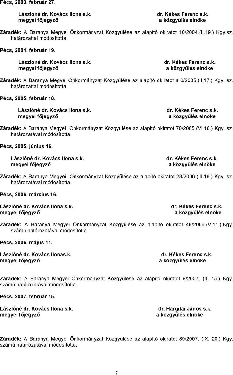 Pécs, 2005. június 16. dr. Kékes Ferenc s.k. Záradék: A Baranya Megyei Önkormányzat Közgyűlése az alapító okiratot 28/2006.(III.16.) Kgy. sz. határozatával módosította. Pécs, 2006. március 16. dr. Kékes Ferenc s.k. Záradék: A Baranya Megyei Önkormányzat Közgyűlése az alapító okiratot 49/2006.