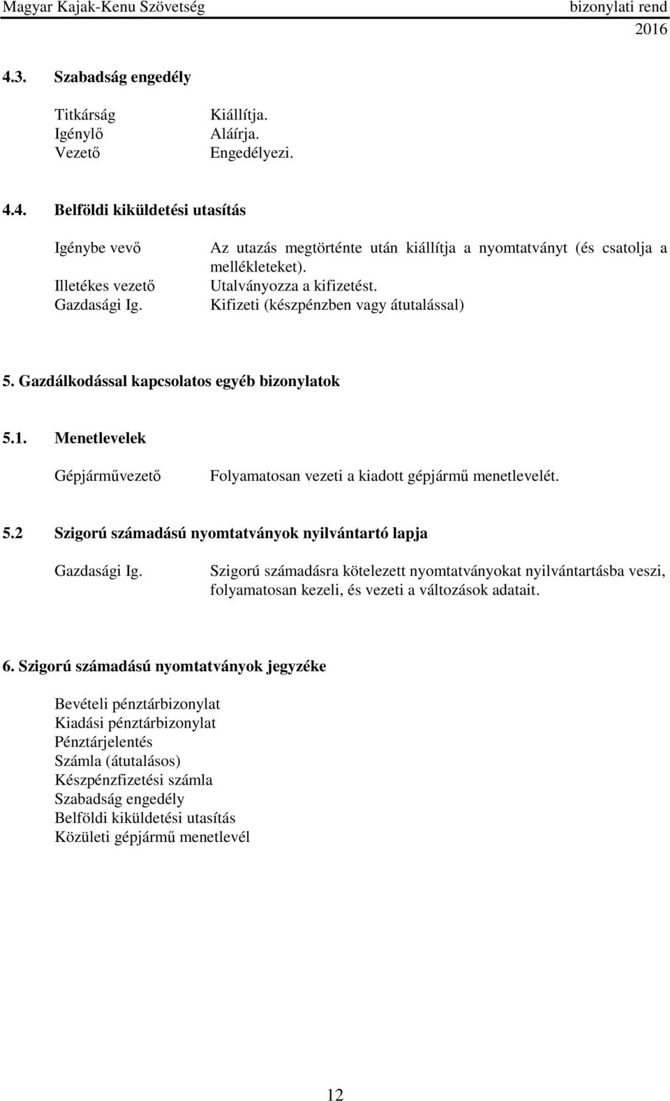 1. Menetlevelek Gépjárművezető Folyamatosan vezeti a kiadott gépjármű menetlevelét. 5.2 Szigorú számadású nyomtatványok nyilvántartó lapja Gazdasági Ig.