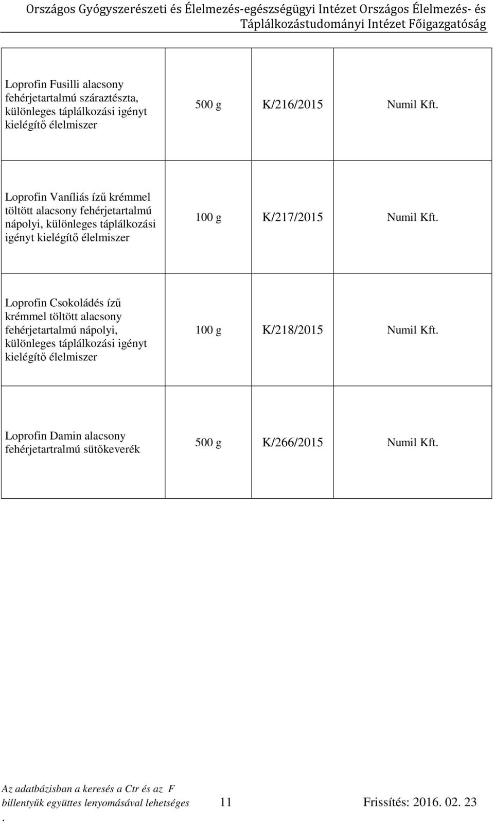 Loprofin Csokoládés ízű krémmel töltött alacsony fehérjetartalmú nápolyi, kielégítő élelmiszer 100 g K/218/2015 Numil Kft Loprofin