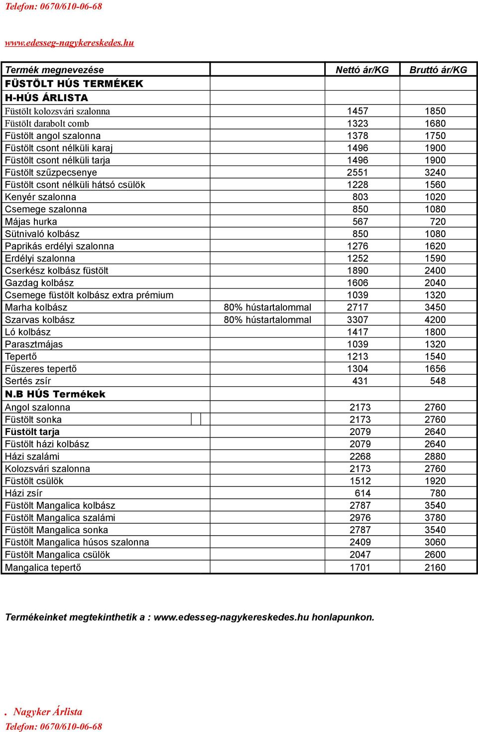 hurka 567 720 Sütnivaló kolbász 850 1080 Paprikás erdélyi szalonna 1276 1620 Erdélyi szalonna 1252 1590 Cserkész kolbász füstölt 1890 2400 Gazdag kolbász 1606 2040 Csemege füstölt kolbász extra