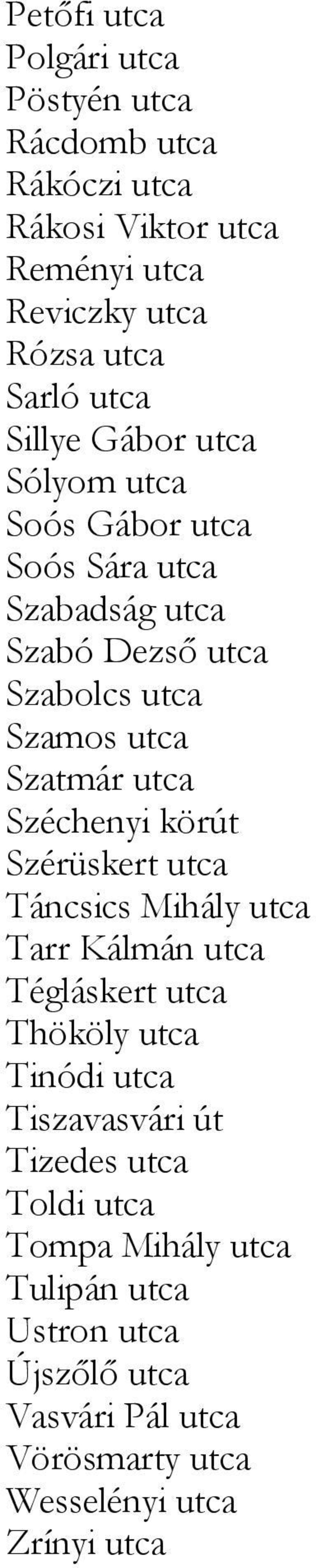 Széchenyi körút Szérüskert utca Táncsics Mihály utca Tarr Kálmán utca Tégláskert utca Thököly utca Tinódi utca Tiszavasvári út