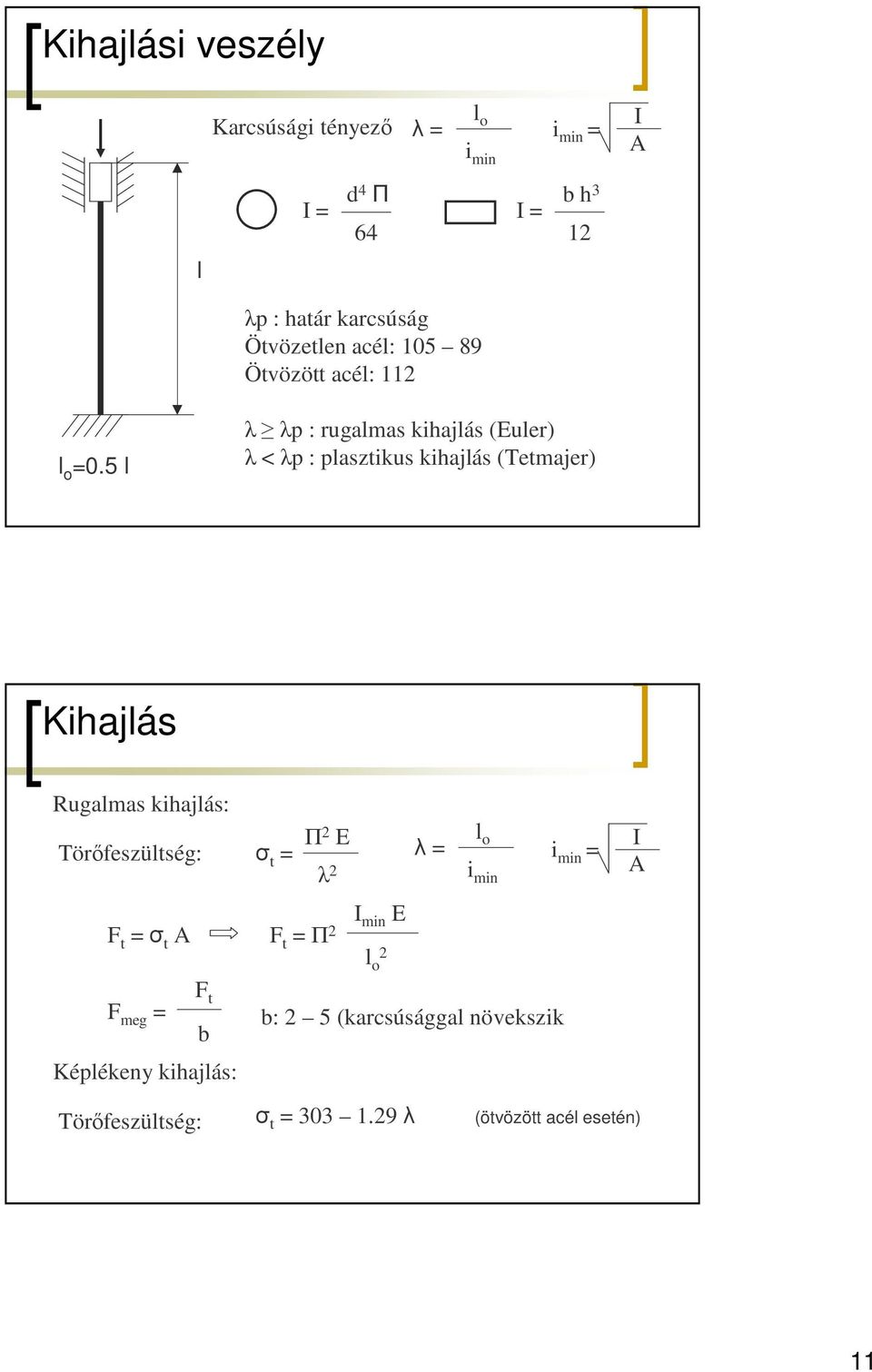 5 l λ λp : rugalmas kihajlás (Euler) λ < λp : plasztikus kihajlás (Tetmajer) Kihajlás Rugalmas kihajlás: