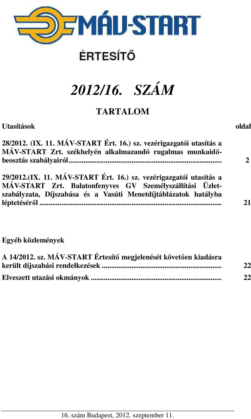 vezérigazgatói utasítás a MÁV-START Zrt.