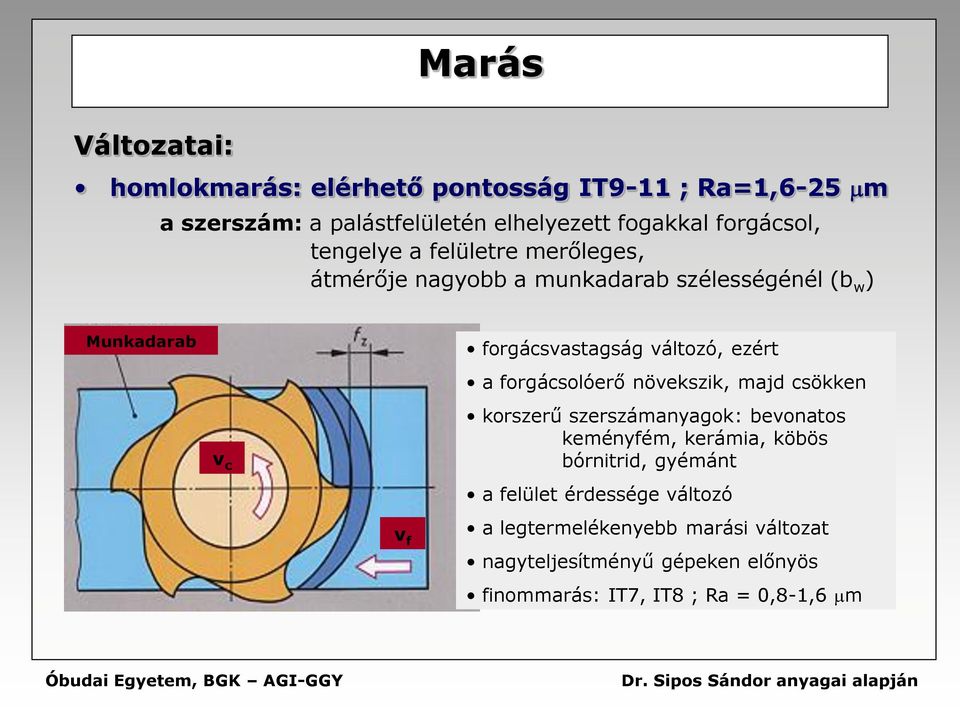 változó, ezért a forgácsolóerő növekszik, majd csökken korszerű szerszámanyagok: bevonatos keményfém, kerámia, köbös bórnitrid,