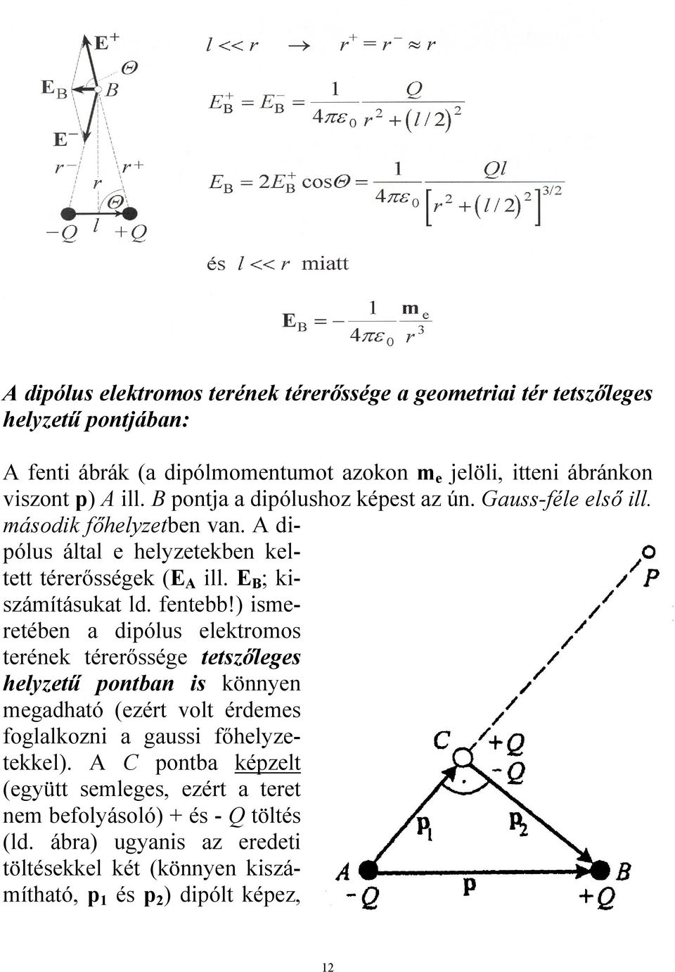 fentebb!) ismeretében a dipólus elektromos terének térerőssége tetszőleges helyzetű pontban is könnyen megadható (ezért volt érdemes foglalkozni a gaussi főhelyzetekkel).