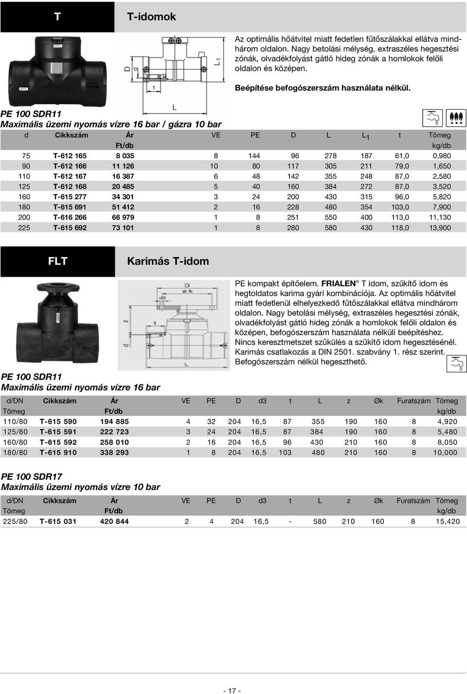 Maximális üzemi nyomás vízre 16 bar / gázra 10 bar d Cikkszám Ár VE PE D L L 1 t Tömeg 75 T-612 165 8 035 8 144 96 278 187 61,0 0,980 90 T-612 166 11 126 10 80 117 305 211 79,0 1,650 110 T-612 167 16