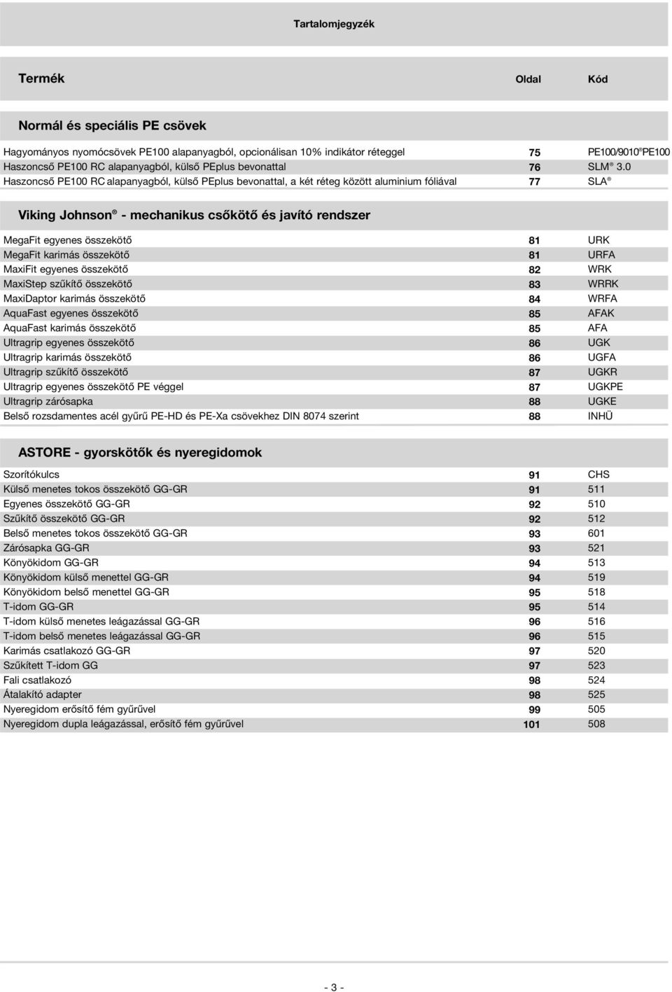 0 Haszoncsô PE100 RC alapanyagból, külsô PEplus bevonattal, a két réteg között aluminium fóliával 77 SLA Viking Johnson - mechanikus csôkötô és javító rendszer MegaFit egyenes összekötô MegaFit