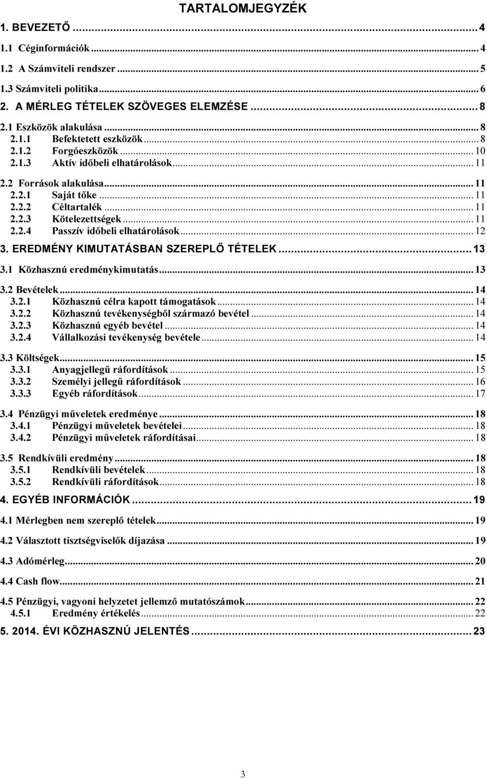 .. 12 3. EREDMÉNY KIMUTATÁSBAN SZEREPLŐ TÉTELEK... 13 3.1 Közhasznú eredménykimutatás... 13 3.2 Bevételek... 14 3.2.1 Közhasznú célra kapott támogatások... 14 3.2.2 Közhasznú tevékenységből származó bevétel.