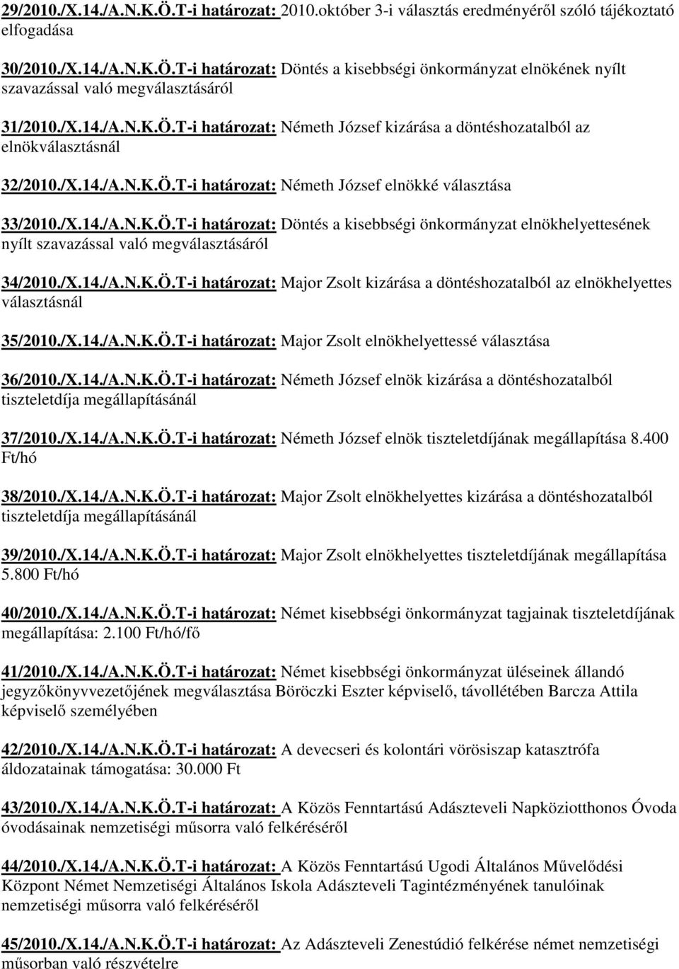 /X.14./A.N.K.Ö.T-i határozat: Major Zsolt kizárása a döntéshozatalból az elnökhelyettes választásnál 35/2010./X.14./A.N.K.Ö.T-i határozat: Major Zsolt elnökhelyettessé választása 36/2010./X.14./A.N.K.Ö.T-i határozat: Németh József elnök kizárása a döntéshozatalból tiszteletdíja megállapításánál 37/2010.