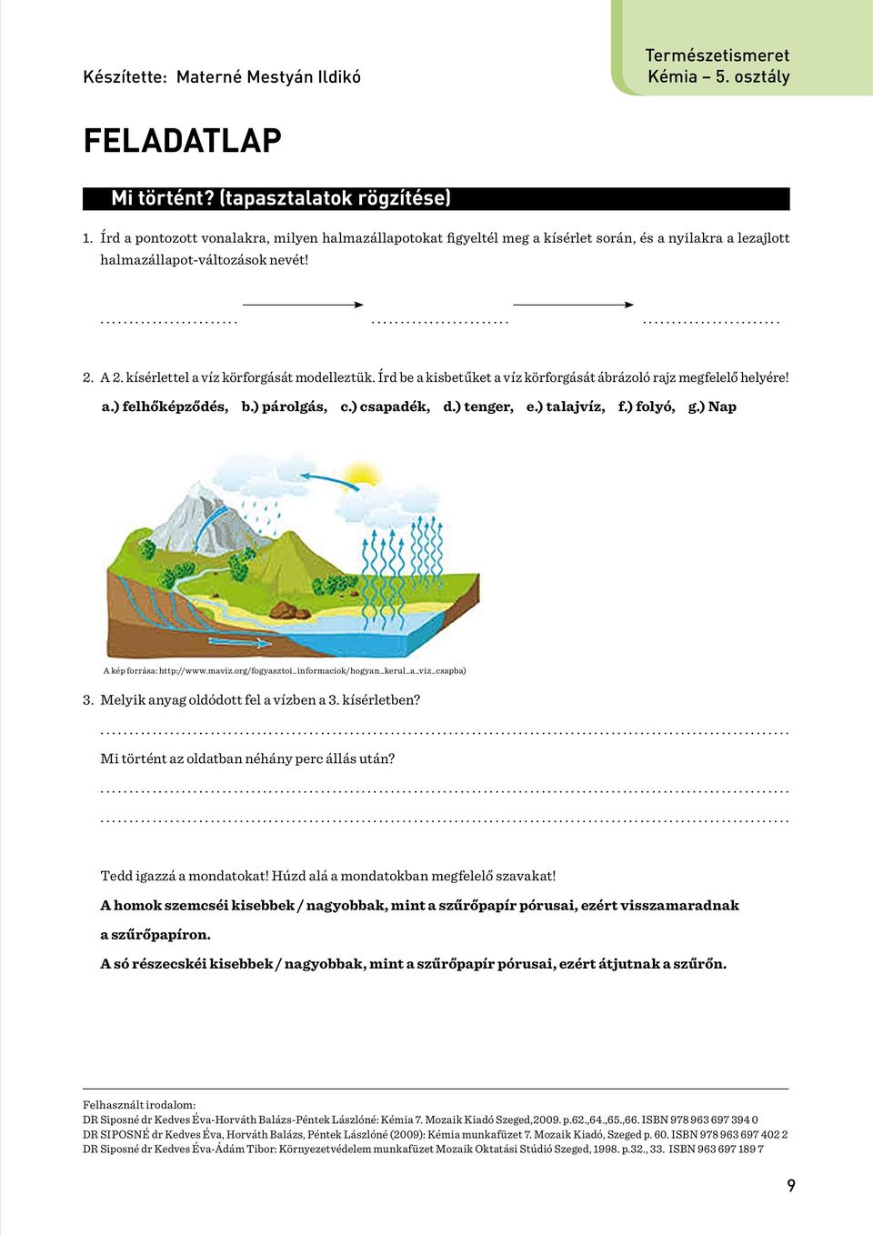 A 2. kísérlettel a víz körforgását modelleztük. Írd be a kisbetűket a víz körforgását ábrázoló rajz megfelelő helyére! a.) felhőképződés, b.) párolgás, c.) csapadék, d.) tenger, e.) talajvíz, f.