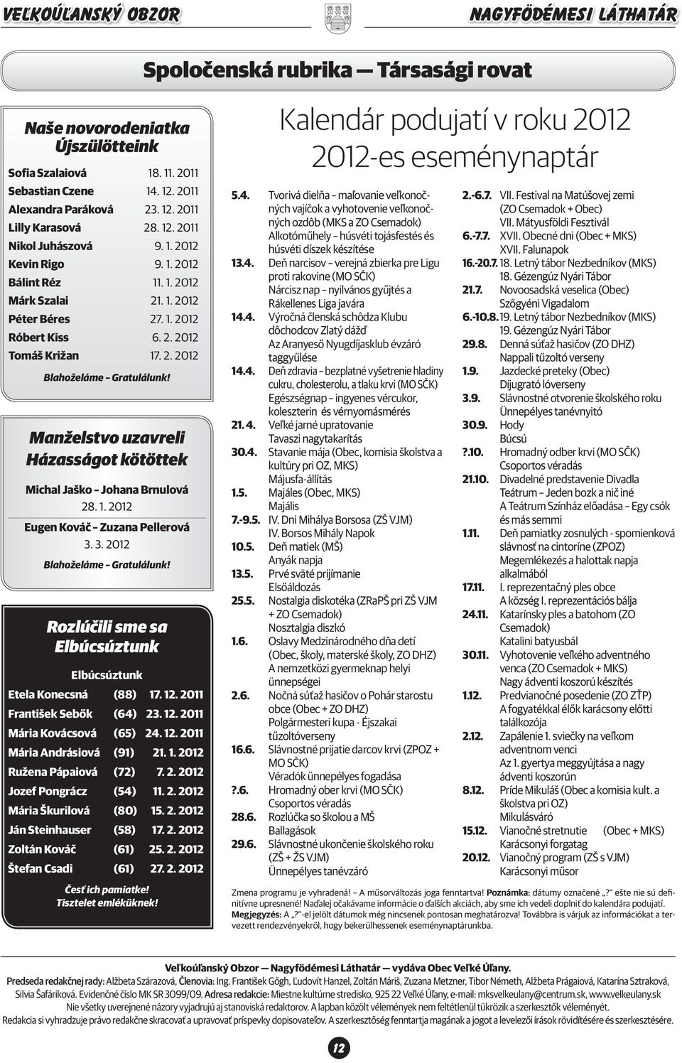Manželstvo uzavreli Házasságot kötöttek Michal Jaško Johana Brnulová 28. 1. 2012 Eugen Kováč Zuzana Pellerová 3. 3. 2012 Blahoželáme Gratulálunk!