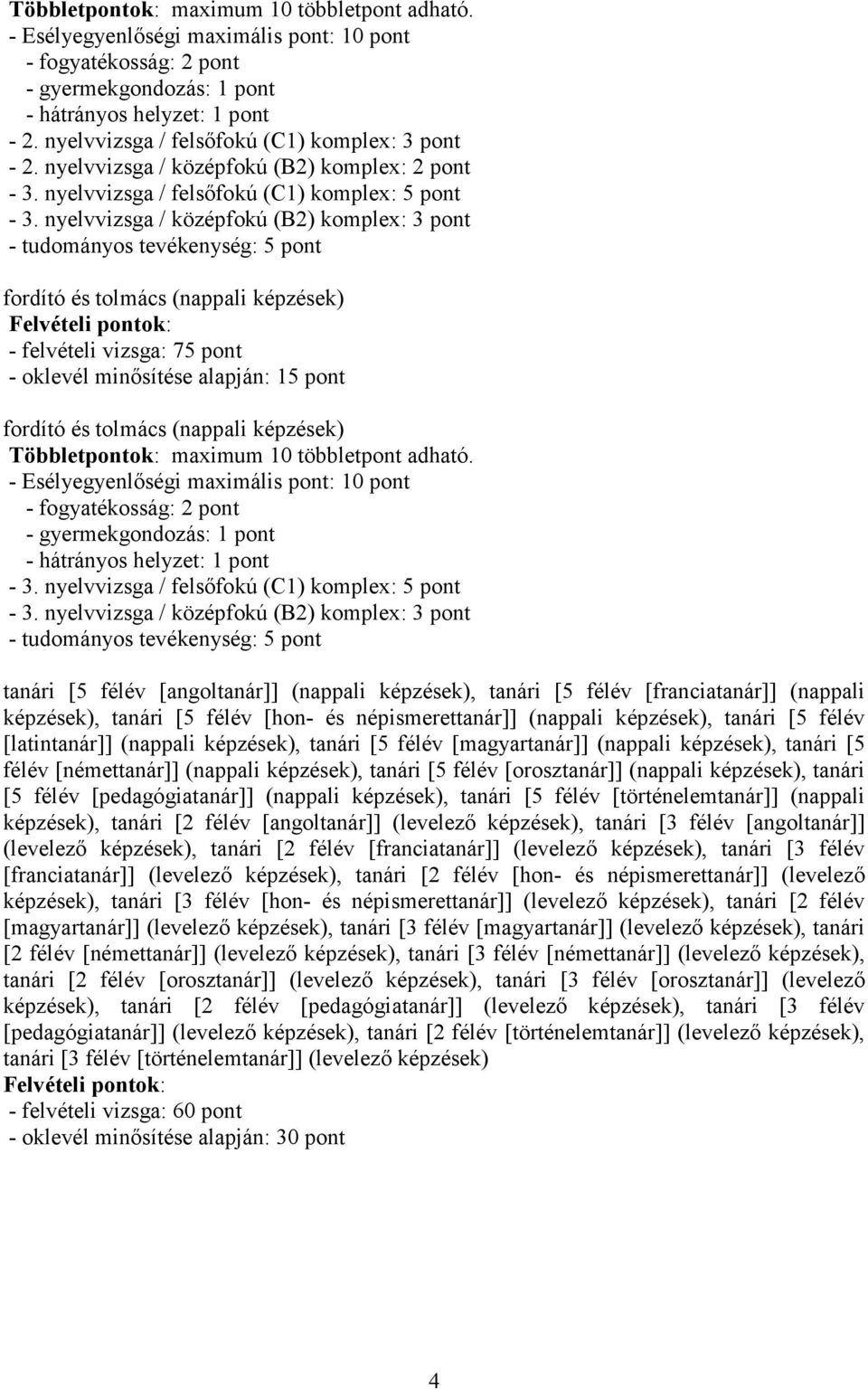 nyelvvizsga / középfokú (B2) komplex: 3 pont - tudományos tevékenység: 5 pont fordító és tolmács (nappali képzések) - felvételi vizsga: 75 pont - oklevél minősítése alapján: 15 pont fordító és