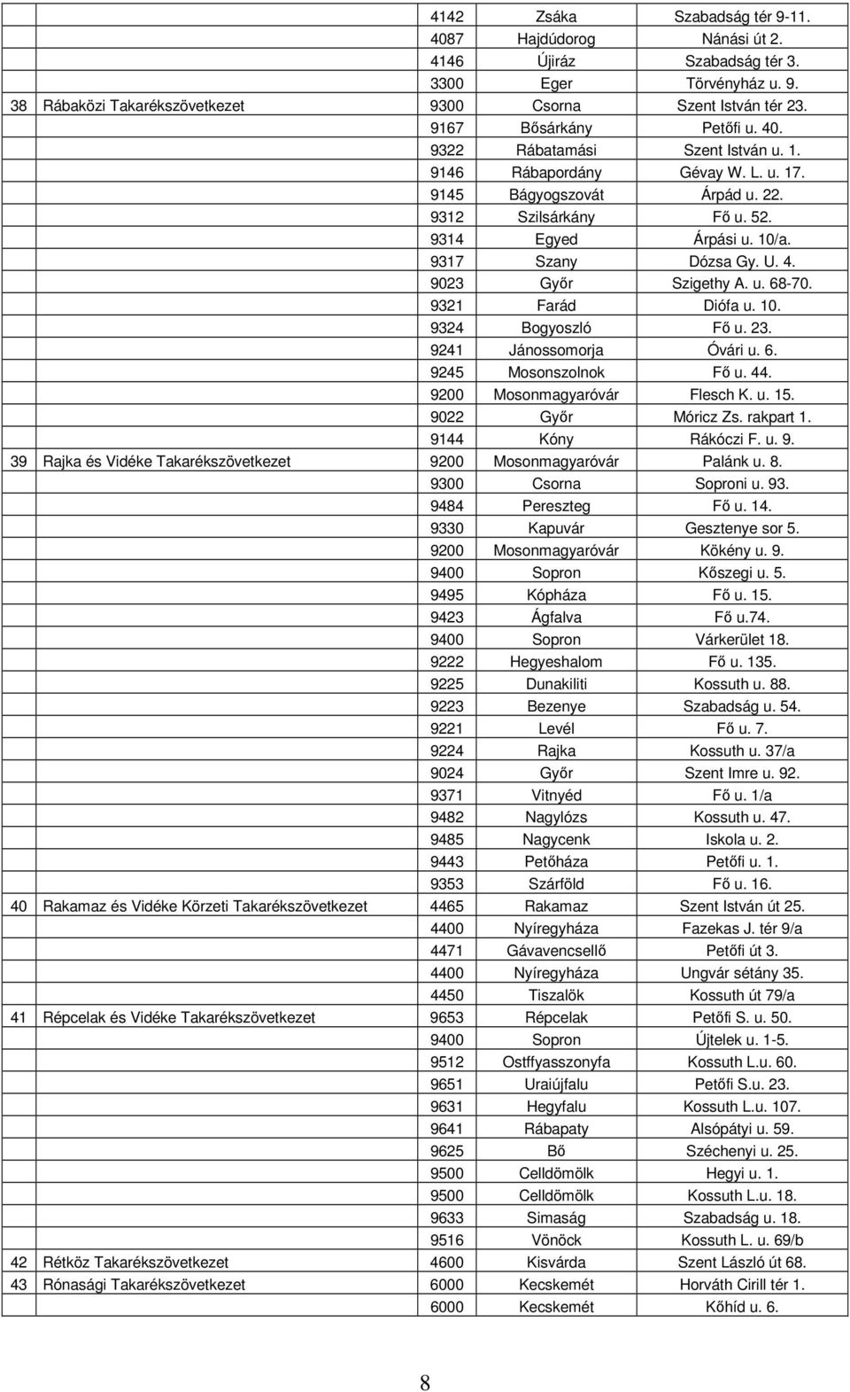 9317 Szany Dózsa Gy. U. 4. 9023 Győr Szigethy A. u. 68-70. 9321 Farád Diófa u. 10. 9324 Bogyoszló Fő u. 23. 9241 Jánossomorja Óvári u. 6. 9245 Mosonszolnok Fő u. 44. 9200 Mosonmagyaróvár Flesch K. u. 15.