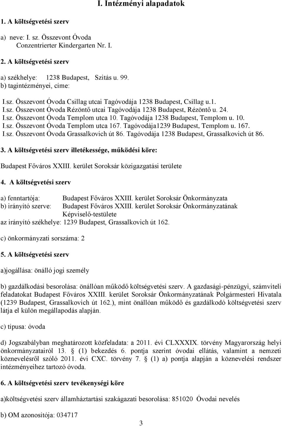 Tagóvodája 1238 Budapest, Templom u. 10. I.sz. Összevont Óvoda Templom utca 167. Tagóvodája1239 Budapest, Templom u. 167. I.sz. Összevont Óvoda Grassalkovich út 86.
