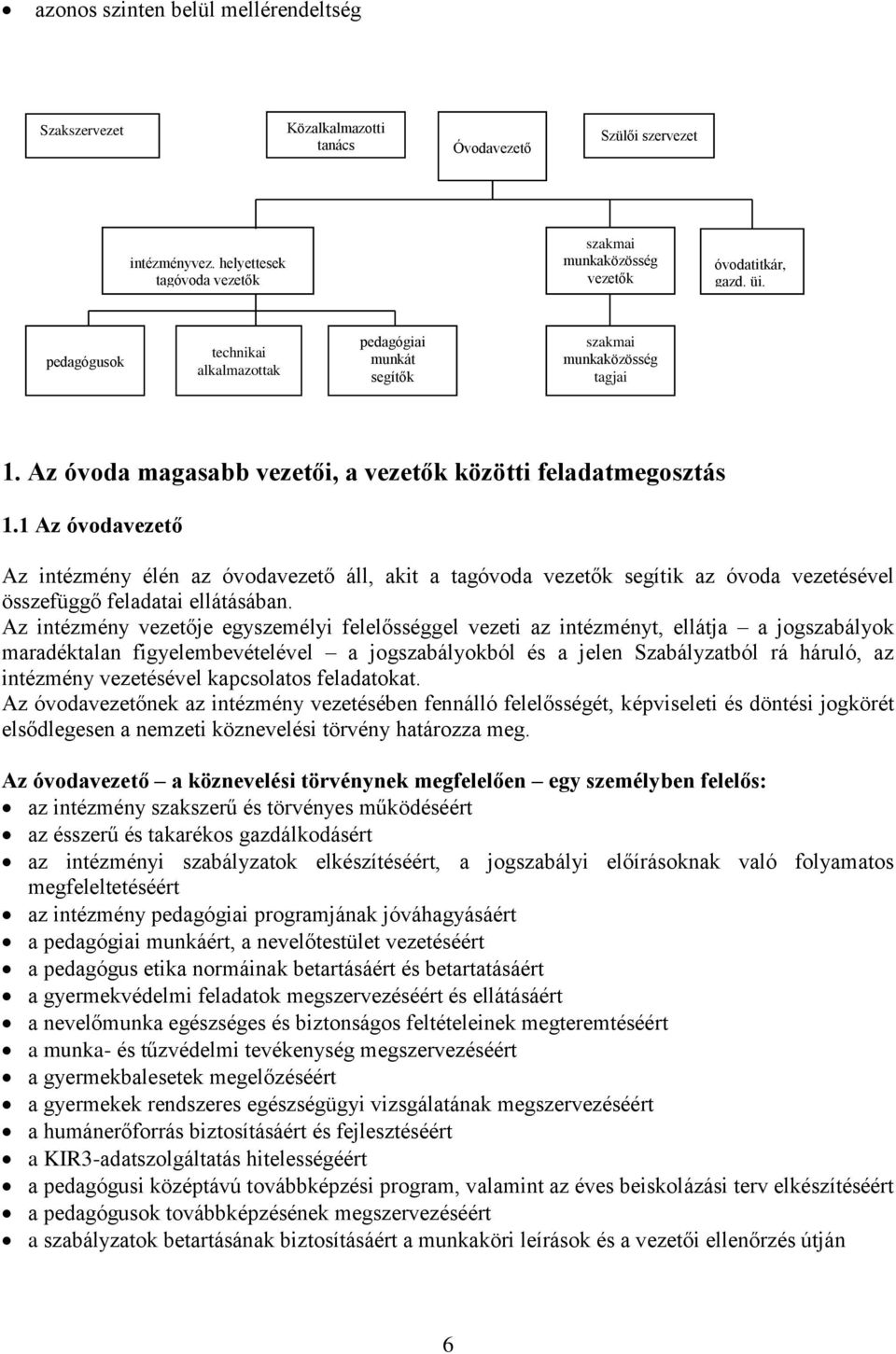 1 Az óvodavezető Az intézmény élén az óvodavezető áll, akit a tagóvoda vezetők segítik az óvoda vezetésével összefüggő feladatai ellátásában.