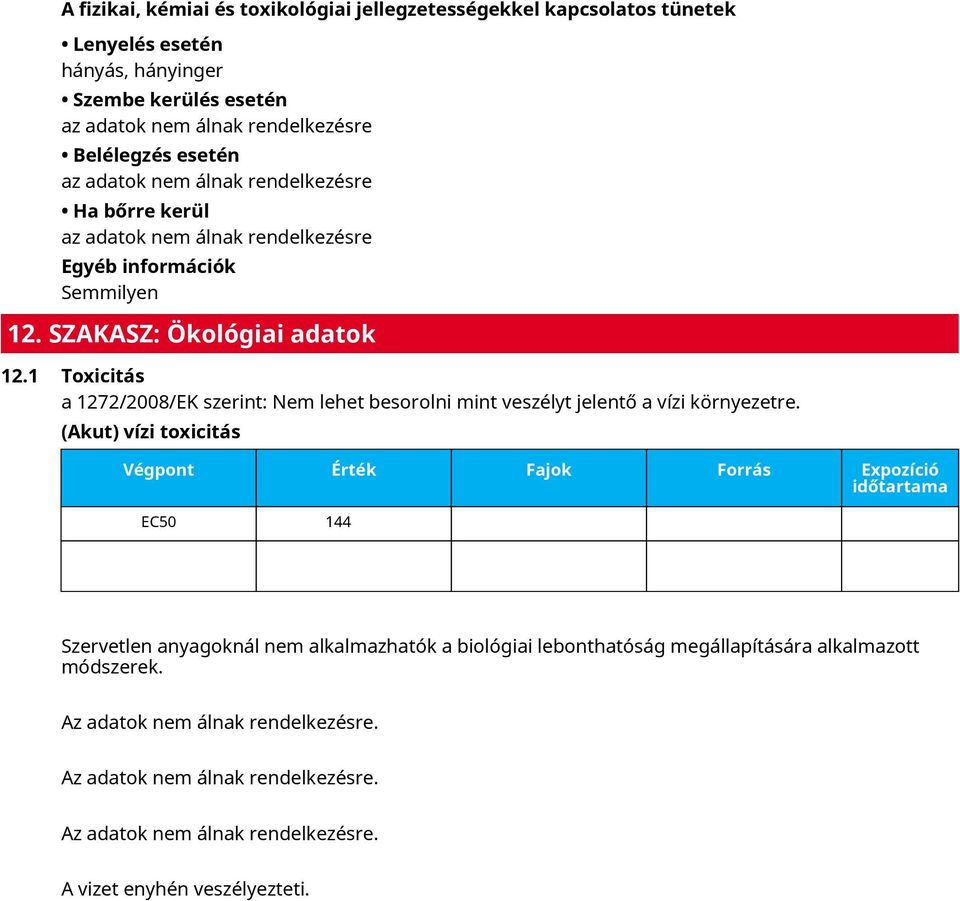 1 Toxicitás a 1272/2008/EK szerint: Nem lehet besorolni mint veszélyt jelentő a vízi környezetre.