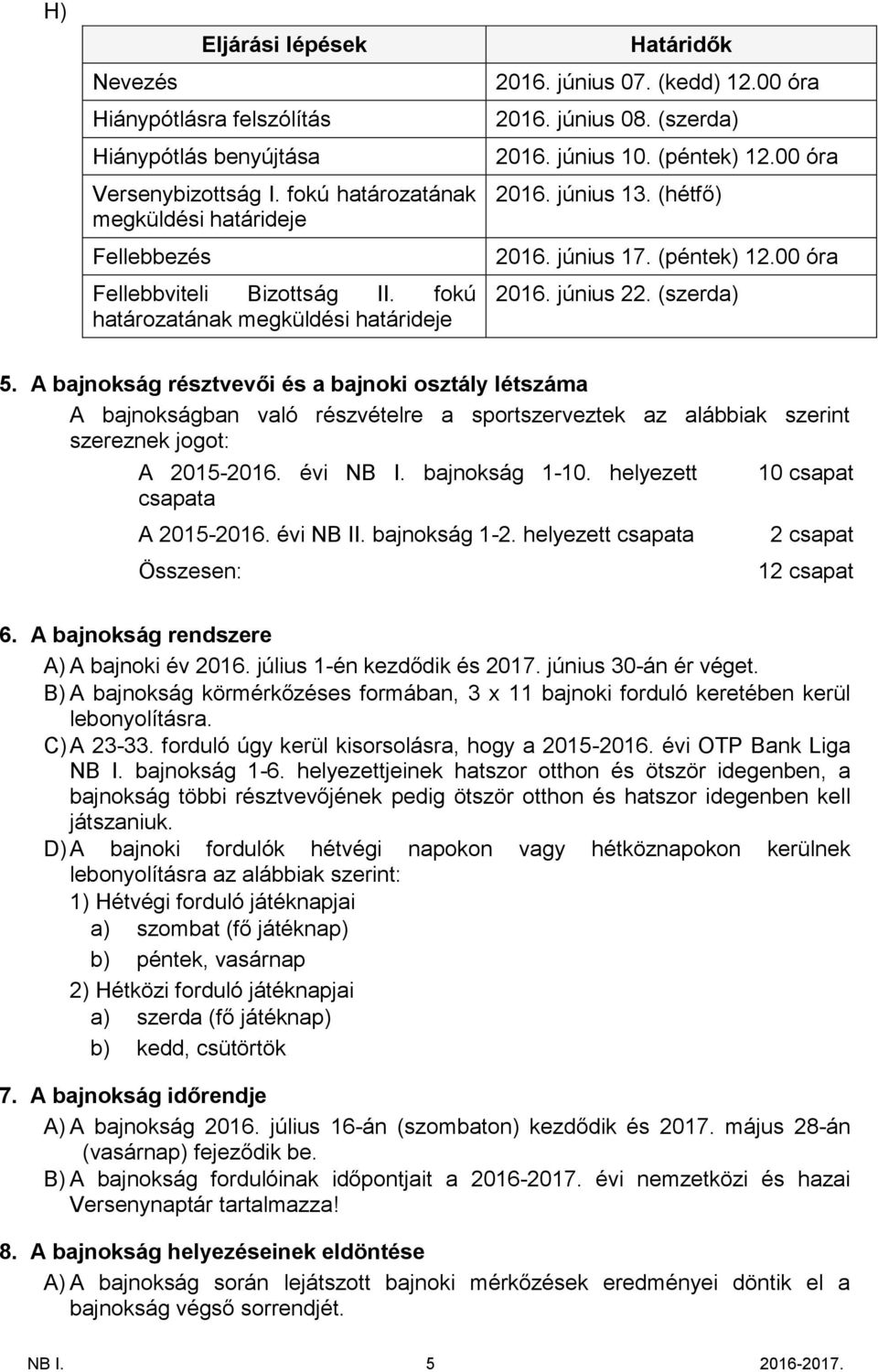 (péntek) 12.00 óra 2016. június 22. (szerda) 5. A bajnokság résztvevői és a bajnoki osztály létszáma A bajnokságban való részvételre a sportszerveztek az alábbiak szerint szereznek jogot: A 2015-2016.