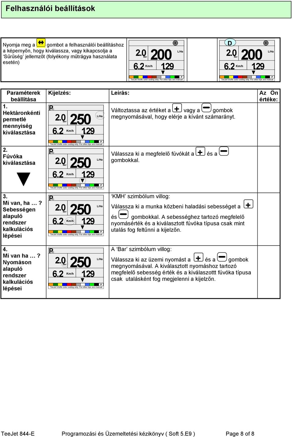 1 2 3 4 5 2. Fúvóka kiválasztása Válassza ki a megfelelő fúvókát a + és a gombokkal. 3. Mi van, ha? Sebességen alapuló rendszer kalkulációs lépései 4. Mi van ha?