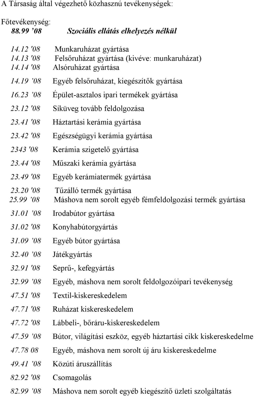 12 '08 Síküveg tovább feldolgozása 23.41 '08 Háztartási kerámia gyártása 23.42 '08 Egészségügyi kerámia gyártása 2343 '08 Kerámia szigetelő gyártása 23.44 '08 Műszaki kerámia gyártása 23.