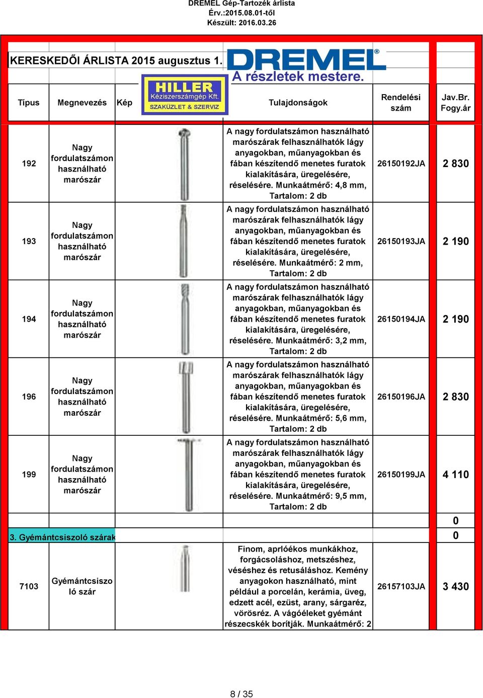 Gyémántcsiszoló szárak 713 Gyémántcsiszo ló szár A nagy fordulaton használható ak felhasználhatók lágy anyagokban, műanyagokban és fában készítendő menetes furatok kialakítására, üregelésére,