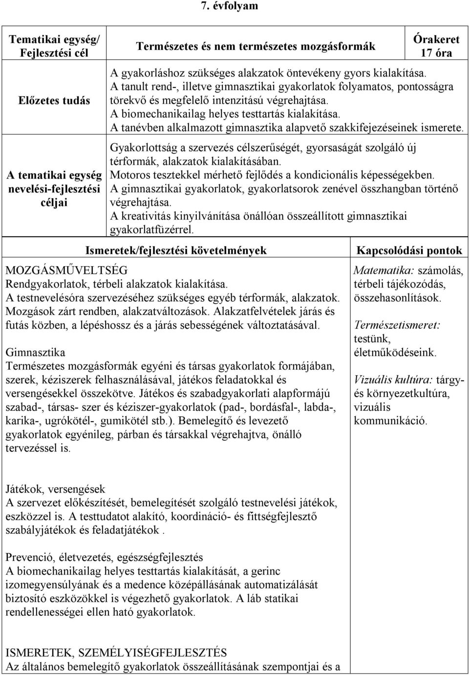 A biomechanikailag helyes testtartás kialakítása. A tanévben alkalmazott gimnasztika alapvető szakkifejezéseinek ismerete.