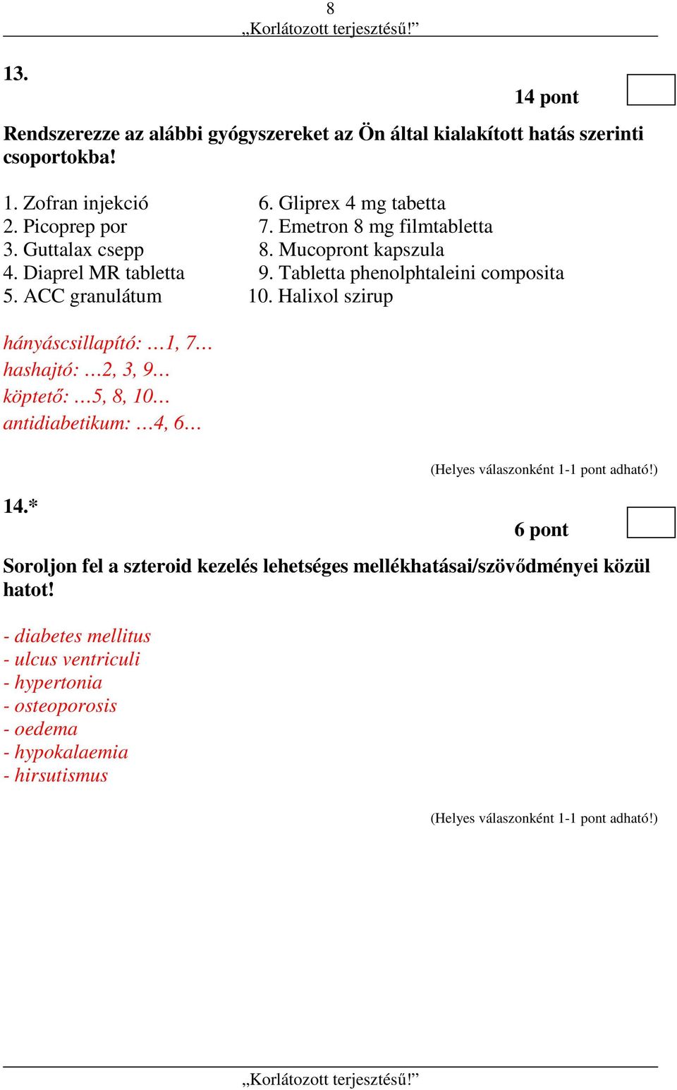 ACC granulátum 10. Halixol szirup hányáscsillapító: 1, 7 hashajtó: 2, 3, 9 köptető: 5, 8, 10 antidiabetikum: 4, 6 14.