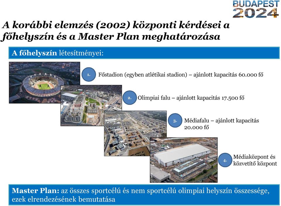 Olimpiai falu ajánlott kapacitás 17.500 fő 3. Médiafalu ajánlott kapacitás 20.000 fő 4.