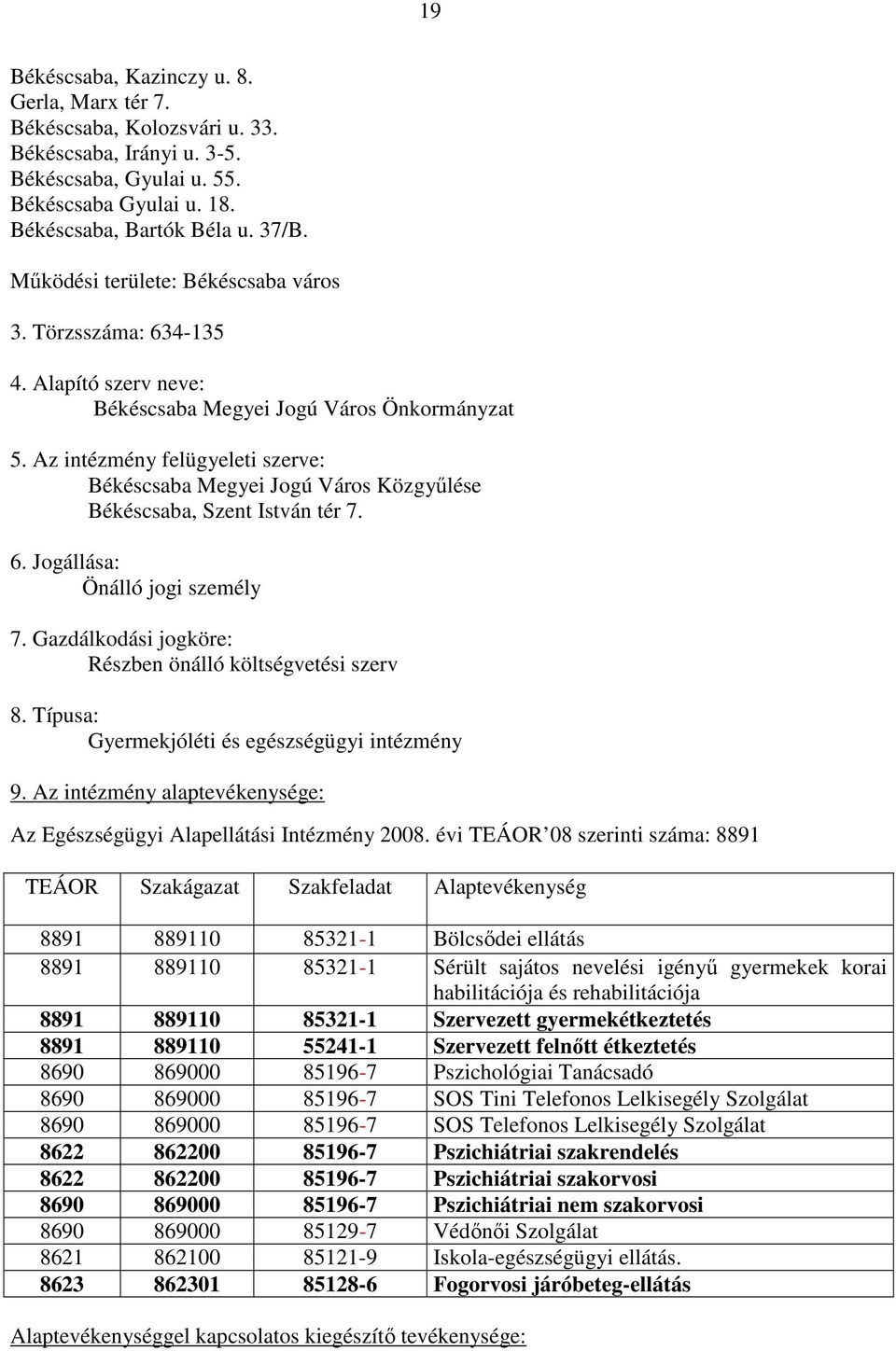 Az intézmény felügyeleti szerve: Békéscsaba Megyei Jogú Város Közgyőlése Békéscsaba, Szent István tér 7. 6. Jogállása: Önálló jogi személy 7.
