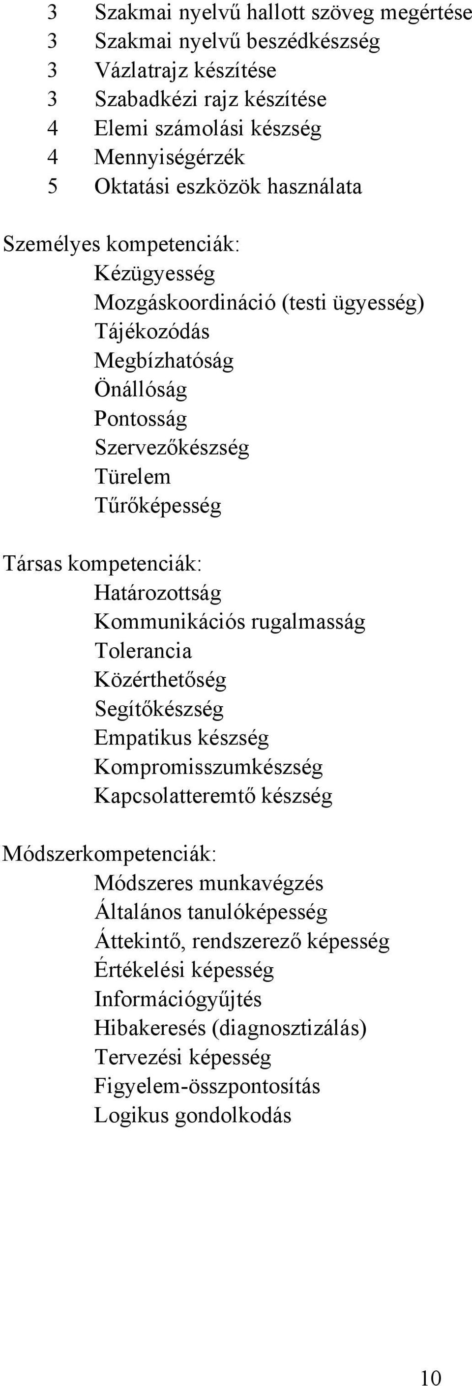 Határozottság Kommunikációs rugalmasság Tolerancia Közérthetőség Segítőkészség Empatikus készség Kompromisszumkészség Kapcsolatteremtő készség Módszerkompetenciák: Módszeres munkavégzés