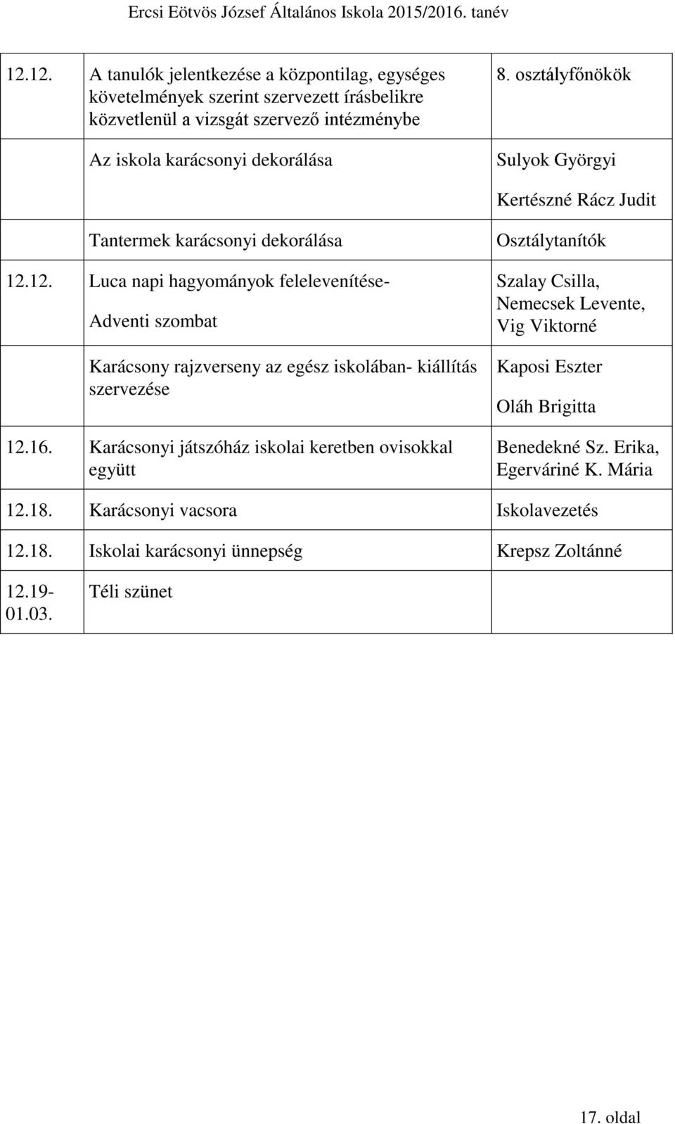 12. Luca napi hagyományok felelevenítése- Adventi szombat Karácsony rajzverseny az egész iskolában- kiállítás szervezése 12.16.