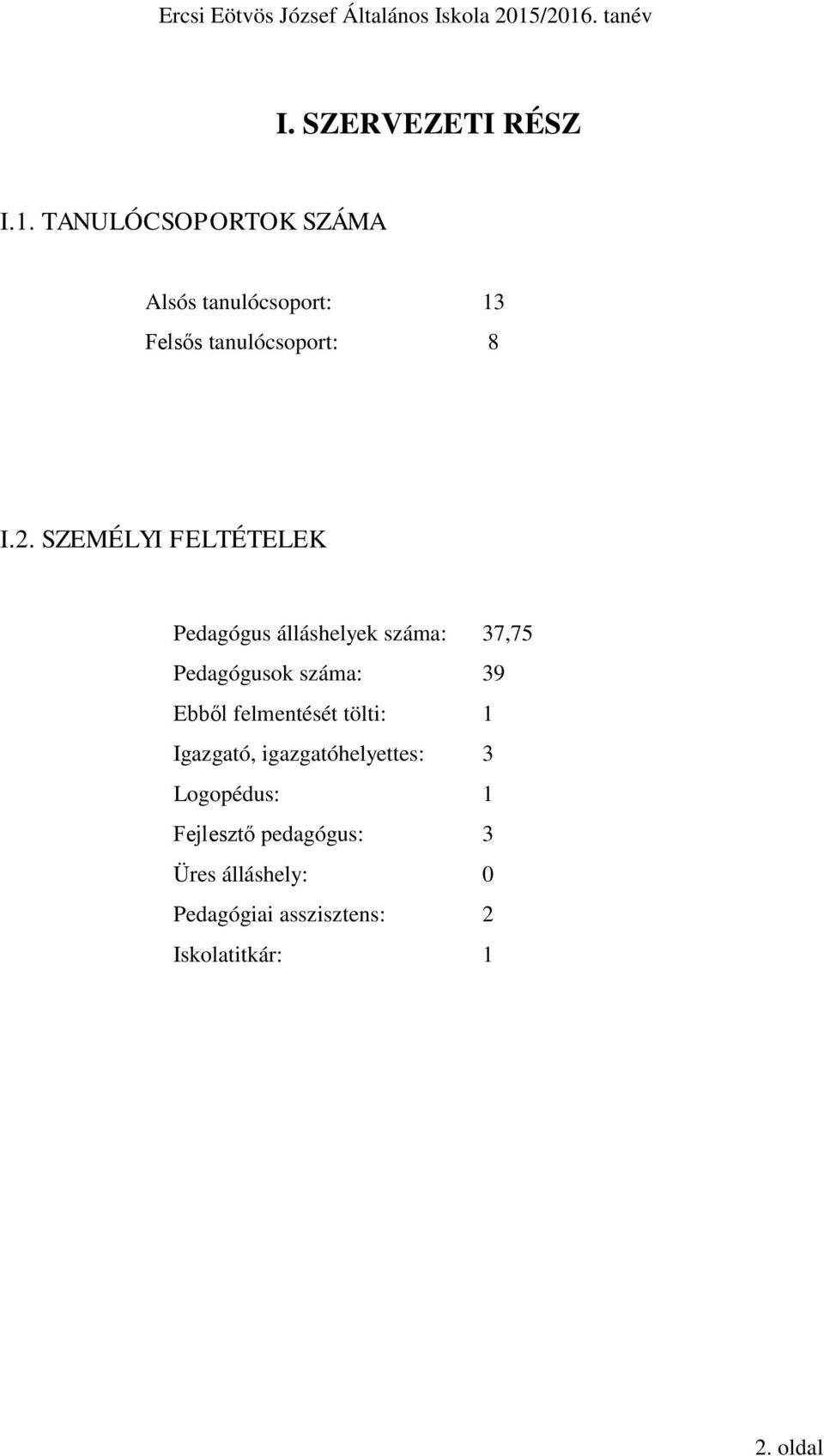 SZEMÉLYI FELTÉTELEK Pedagógus álláshelyek száma: 37,75 Pedagógusok száma: 39 Ebből
