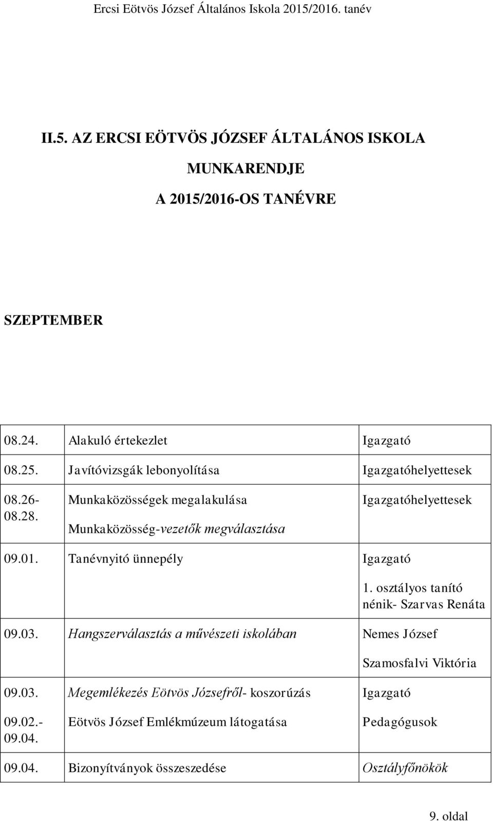 01. Tanévnyitó ünnepély Igazgató 1. osztályos tanító nénik- Szarvas Renáta 09.03.