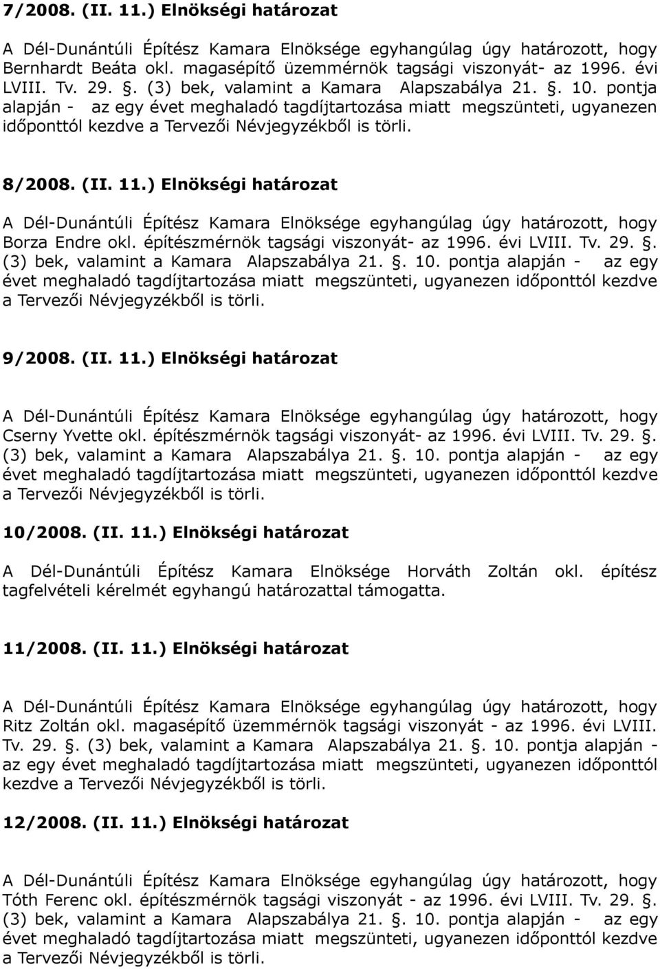 építészmérnök tagsági viszonyát- az 1996. évi LVIII. Tv. 29.. (3) bek, valamint a Kamara Alapszabálya 21.. 10.