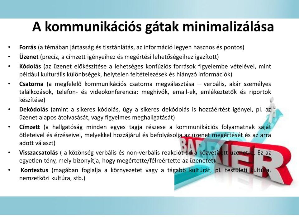 kommunikációs csatorna megválasztása verbális, akár személyes találkozások, telefon- és videokonferencia; meghívók, email-ek, emlékeztetők és riportok készítése) Dekódolás (amint a sikeres kódolás,