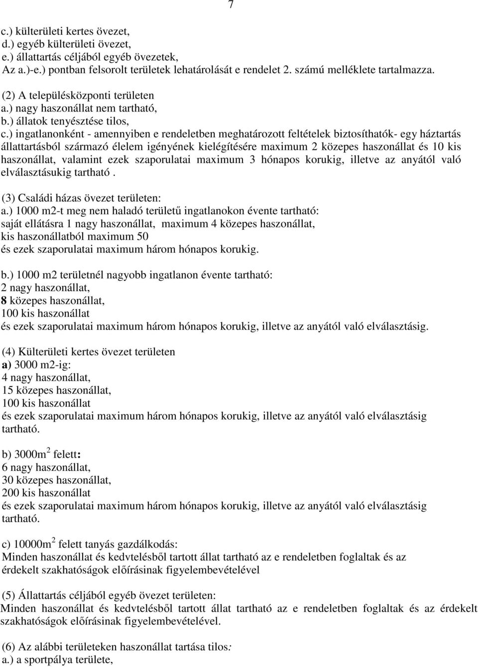 ) ingatlanonként - amennyiben e rendeletben meghatározott feltételek biztosíthatók- egy háztartás állattartásból származó élelem igényének kielégítésére maximum 2 közepes haszonállat és 10 kis