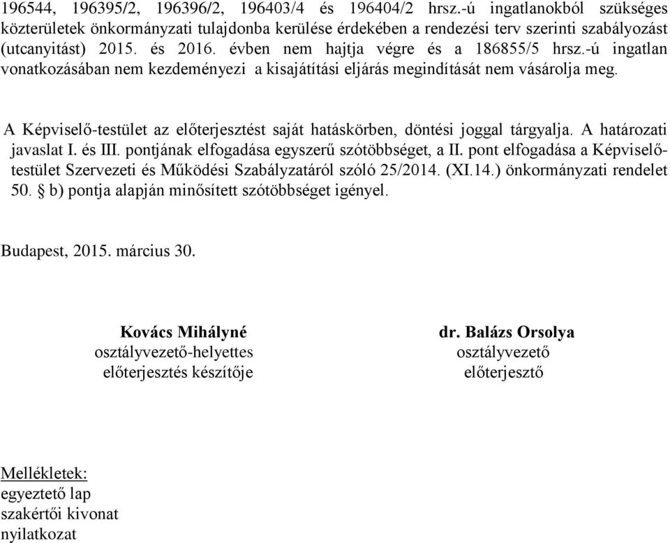 A Képviselő-testület az előterjesztést saját hatáskörben, döntési joggal tárgyalja. A határozati javaslat I. és III. pontjának elfogadása egyszerű szótöbbséget, a II.