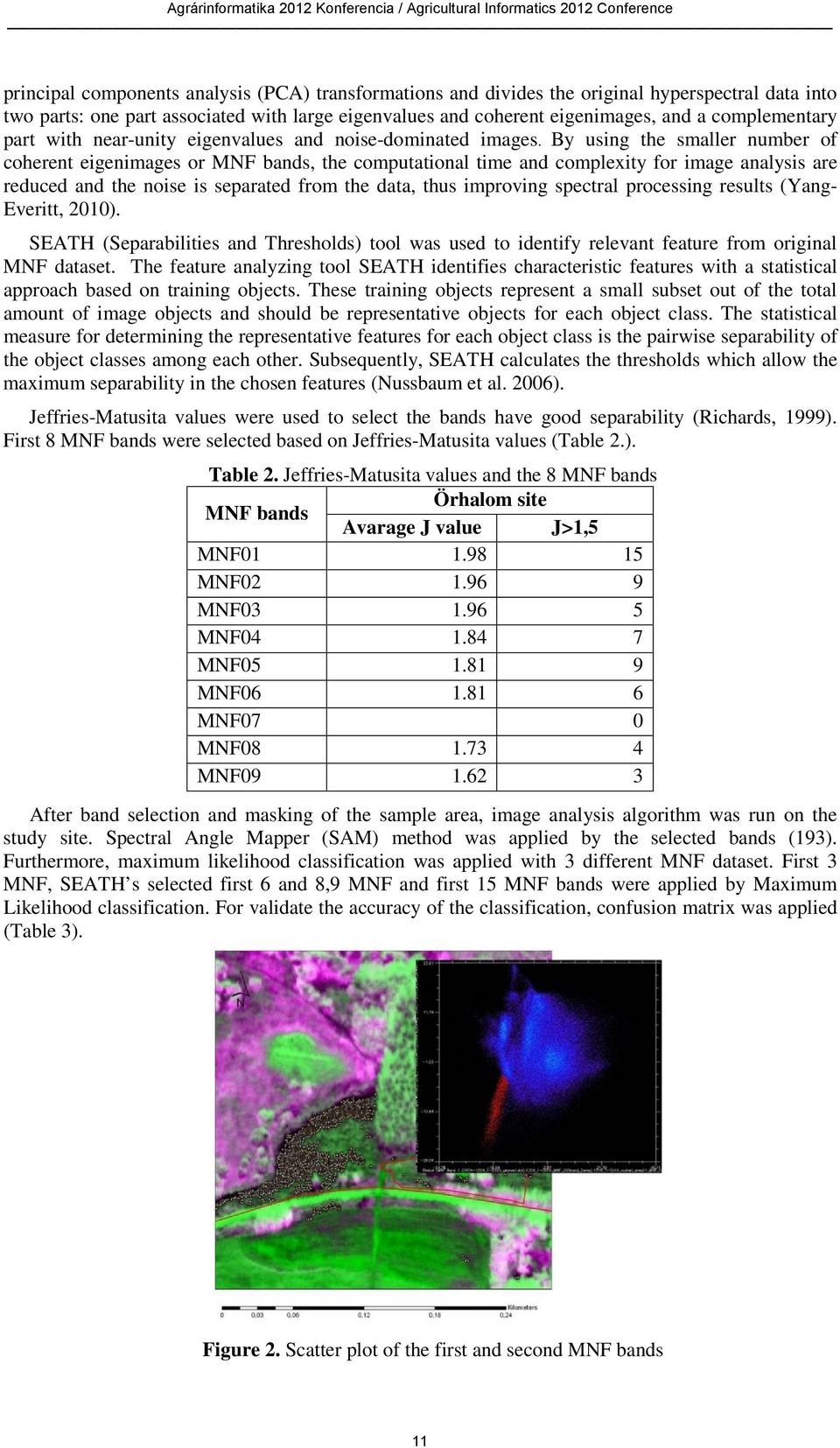 By using the smaller number of coherent eigenimages or MNF bands, the computational time and complexity for image analysis are reduced and the noise is separated from the data, thus improving